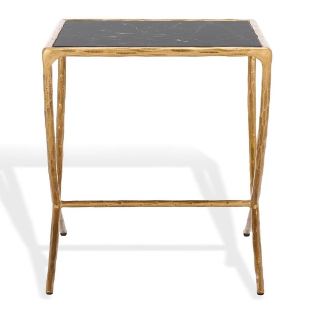 Brass Debbie Square Metal Accent Table in Brass with Black Marble Top For Sale - Image 8 of 8