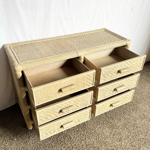 Coastal Boho Coastal Beige Wicker and Twisted Pencil Reed Dresser With Mirror - 2 Pieces For Sale - Image 3 of 9