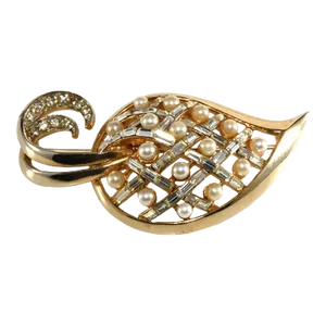 Vintage Coro Craft Faux Pearls Clear Rhinestone Leaf Brooch