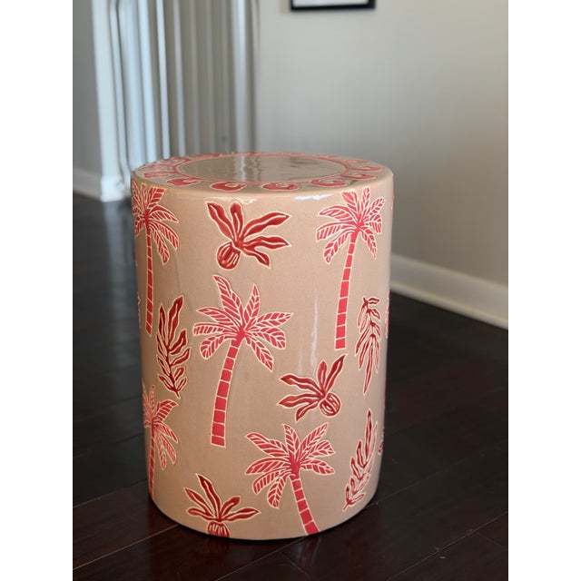 Made Goods Tropical Palm Ceramic Garden Stool in Blush & Red Gloss Glaze Indoor Outdoor Side Table For Sale - Image 9 of 12