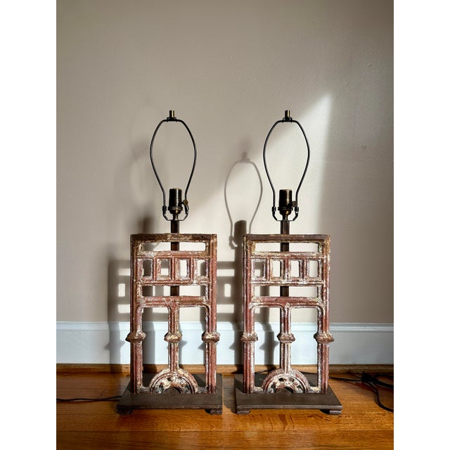This pair of antique French table lamps brings old-world texture and a sense of lived history. Each lamp showcases...