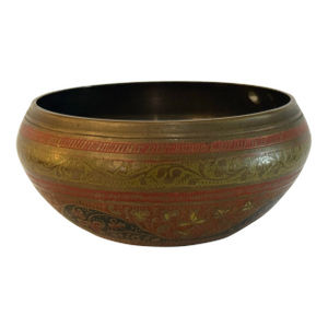 Vintage Hand-Etched Indian Brass & Enamel Decorative Bowl