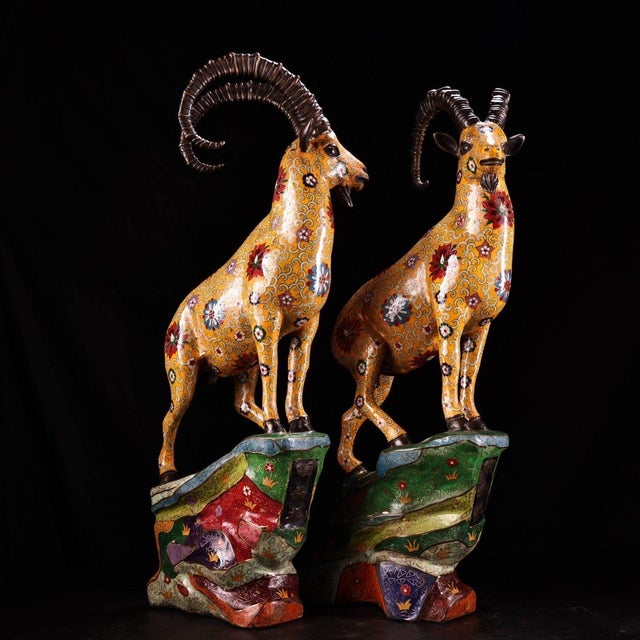 Late 20th Century Late 20th Century Pair of Gilt Bronze Cloisonné Enamel Ram Figures on Rockery Bases For Sale - Image 5 of 9