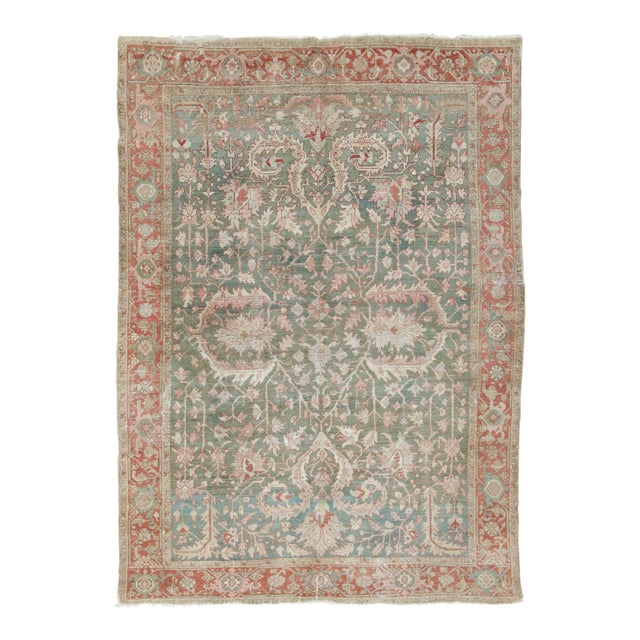 Antique Persian Karja Rug in Sage Green With Coral Medallions - Rug & Kilim For Sale