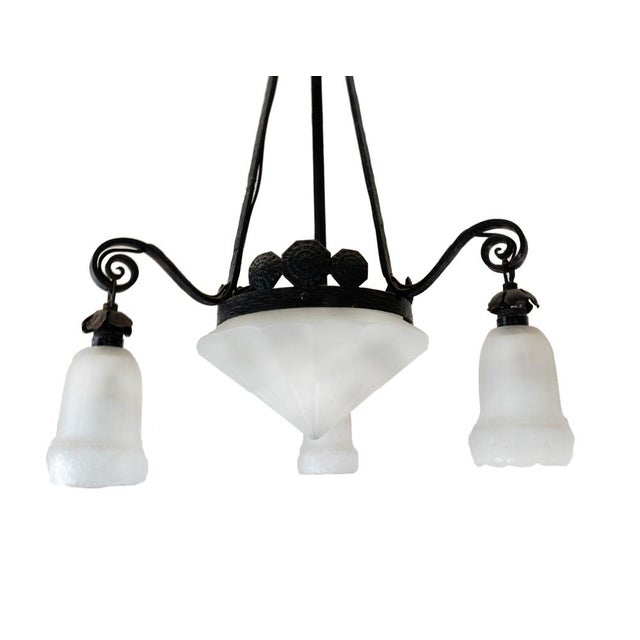 French Provincial Wrought Iron Ceiling Light with Frosted Glass, 1900s For Sale - Image 3 of 8