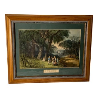 Mid 19th Century Original Americana Currier and Ives Colorful Spring Scene With Gate. For Sale