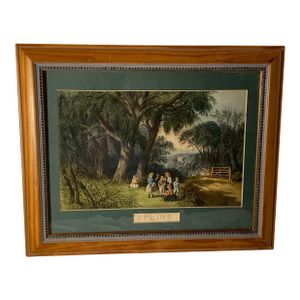 Mid 19th Century Original Americana Currier and Ives Colorful Spring Scene With Gate.