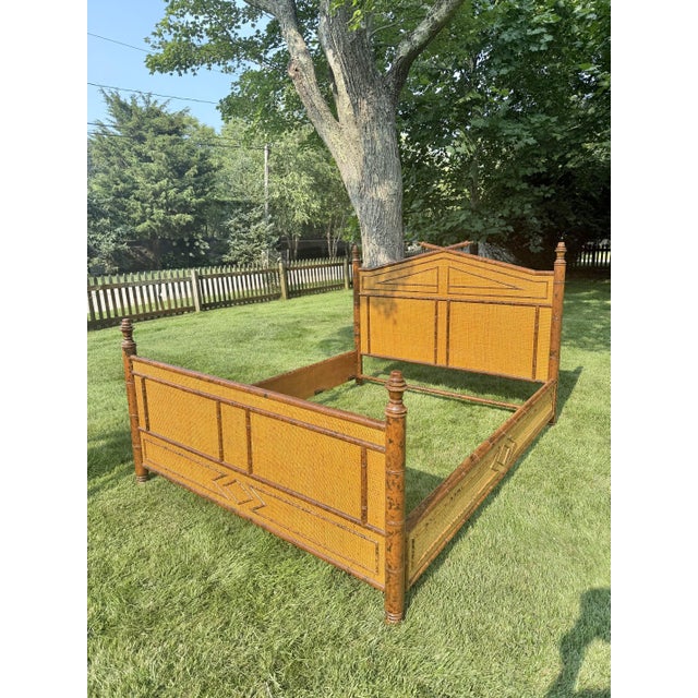 British Colonial Style Faux Bamboo & Woven Rattan Queen Bed in Tortoise Finish Exceptionally distinctive, this coveted...