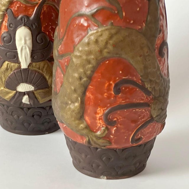 Ceramic Art Nouveau Ceramic Vases with Gold Dragon Motifs by BB Hohenstein, 1960, Set of 2 For Sale - Image 7 of 10