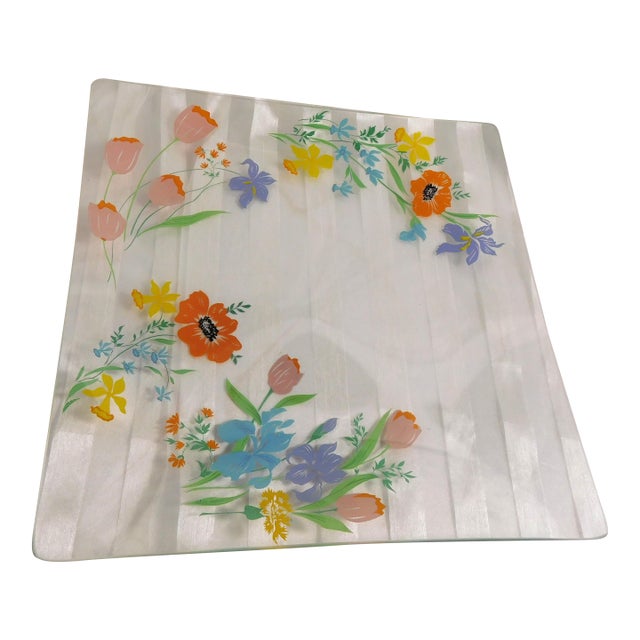 1970s Heinrich & Co. Clear Glass Square Serving Tray in Primavera For Sale