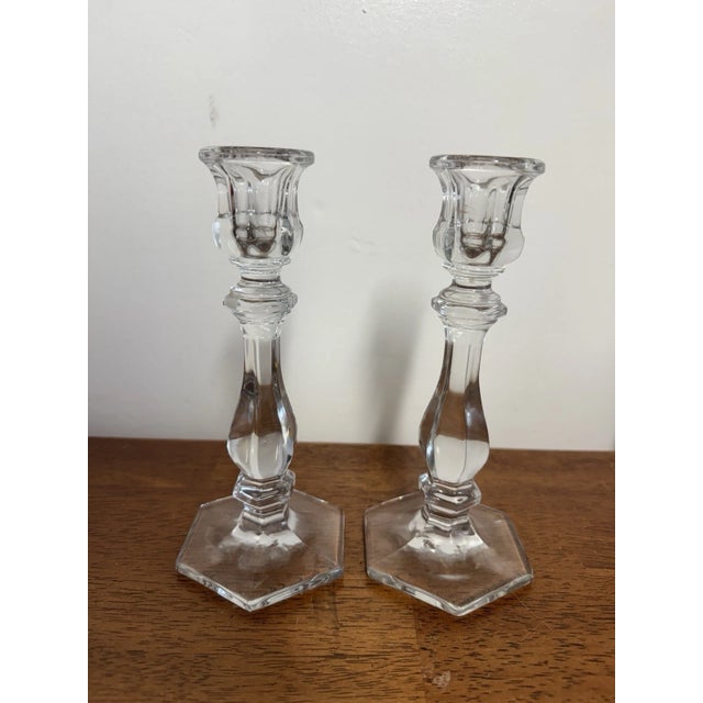 Abstract Vintage Pair Clear Glass Crystal Candlesticks 7.5" Hexagon Base Taper Holders For Sale - Image 3 of 11
