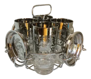 Mid-Century Modern Platinum Banded Kimiko 4 Glass and 4 Coaster Cocktail Set in Caddie