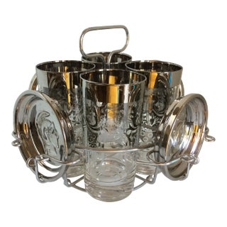 Platinum Banded Kimiko 4 Glass and 4 Coaster Cocktail Set in Caddie For Sale
