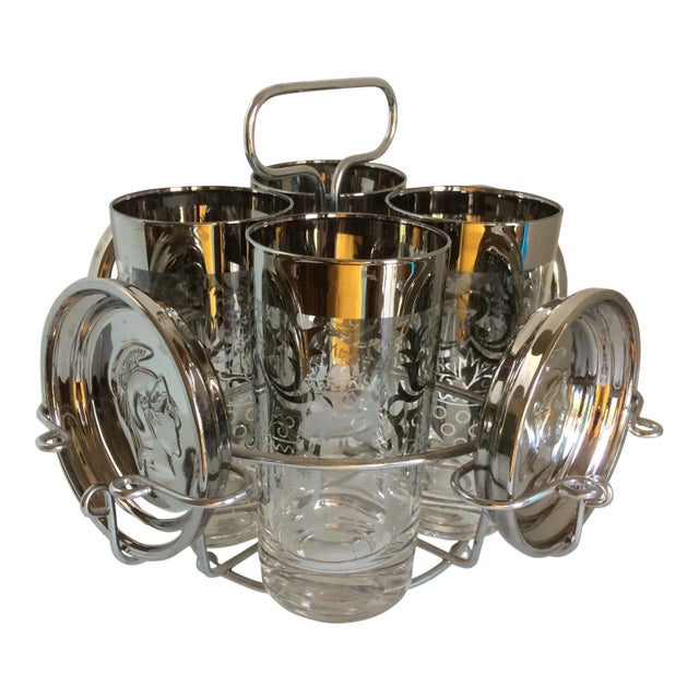 Platinum Banded Kimiko 4 Glass and 4 Coaster Cocktail Set in Caddie For Sale