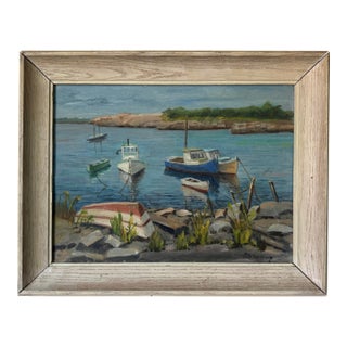 1970’s Vintage Lake Boats Landscape Oil on Board Painting, Signed For Sale