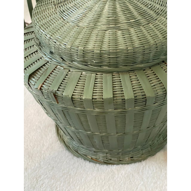 Wood Vintage Painted Green Wicker Basket Style Table Lamp For Sale - Image 7 of 10