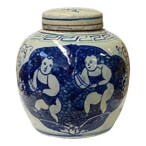 Chinese Oriental Small Blue White Twin Kids Porcelain Ginger Jar