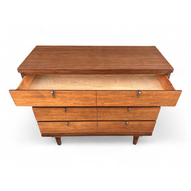 Wood Restored Mid-Century Modern Walnut 4-Drawer Chest With Chrome Pulls For Sale - Image 7 of 16