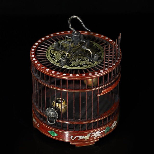 Brown Vintage Chinese Hardwood Inlaid Cricket Cage With Bronze Hook and Feeder For Sale - Image 8 of 9