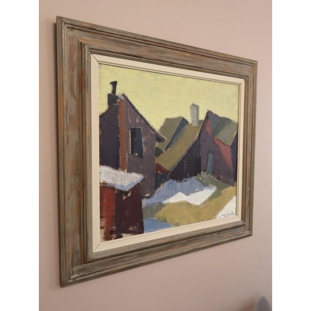 Mid-Century Modern 'Houses in Snow' Vintage Street Scene Oil Painting by Finnish Artist Paavo Airola (1918 – 1983), Framed For Sale - Image 4 of 13