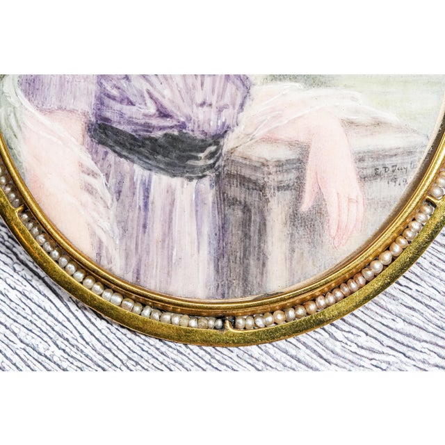 Exceptional Oversized Antique Portrait Miniature Painting Society Woman Keepsake Seed Pearl Gold Wash Frame Pennsylvania History For Sale - Image 11 of 16