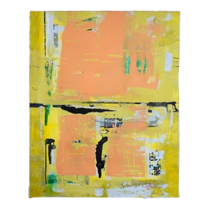 Popcorn. XIII Framed Abstract Pink on Yellow Painting