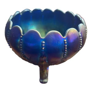 1910s Electric Blue Northwood Carnival Glass Rose Bowl in Leaf and Beads Pattern