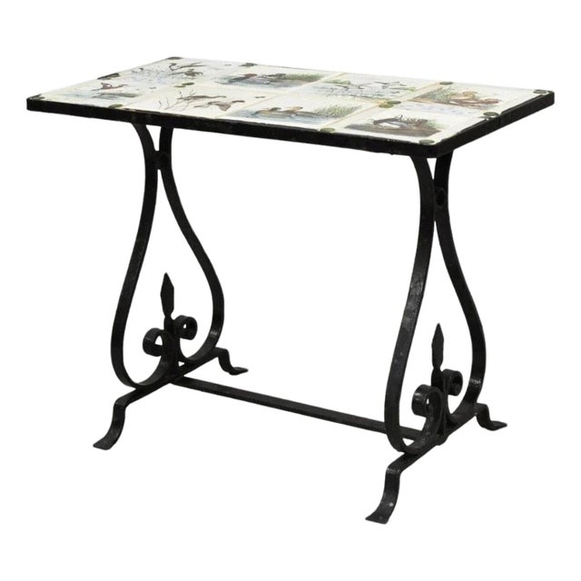 Antique Art Nouveau Wrought Iron Small Side Table With Duck Geese Tile Top For Sale