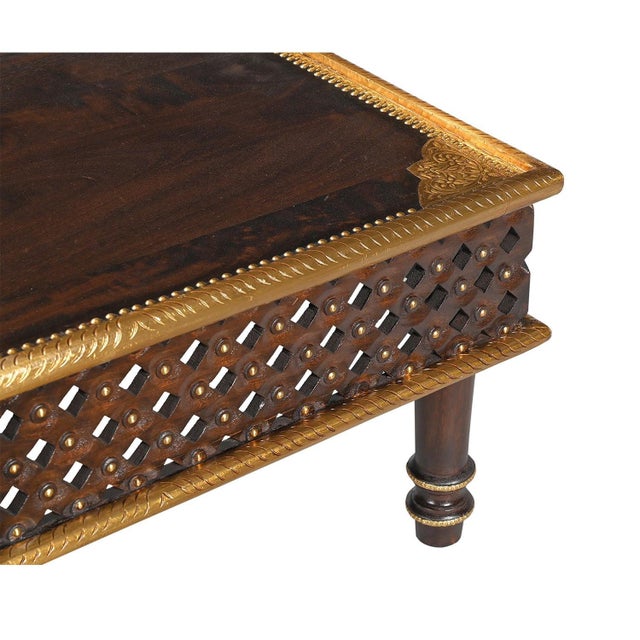 Far Pavilions 1990s Lattice Carved Solid Wood Square Coffee Table With Brass Accents For Sale - Image 4 of 4