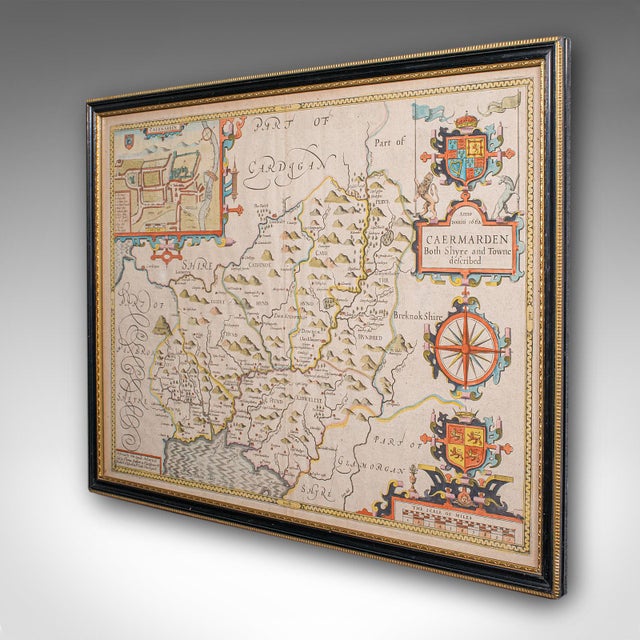 Jacobean Antique Carmarthenshire County Map, Framed Wales Cartography, John Speed, c.1662 For Sale - Image 3 of 12