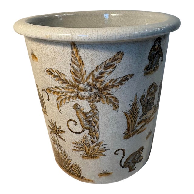 Vintage Amita Chinoiserie Porcelain Monkey Motif Cachepot For Sale
