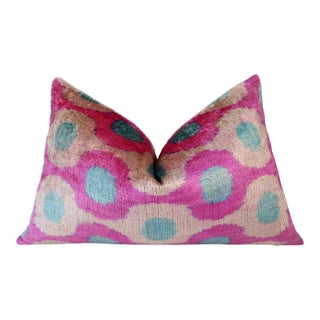 Pink and Aqua Circle Silk Velvet Pillow 16x24 Handmade Luxury Cushion For Sale