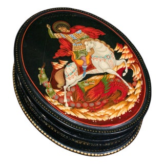 Vintage Oval Keepsake Box, Russian, Lacquered Trinket Case, St George, Art Deco For Sale