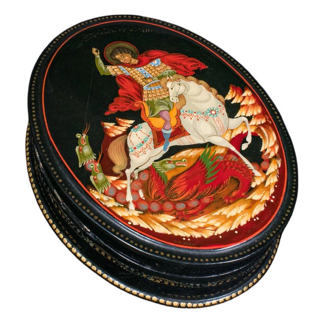 Vintage Oval Keepsake Box, Russian, Lacquered Trinket Case, St George, Art Deco For Sale