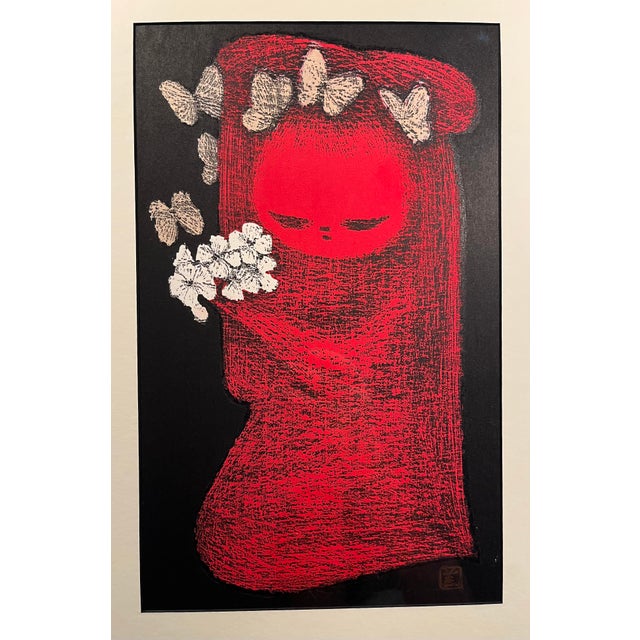 Mid-Century Modern Kaoru Kawano 河野薫 (1926-1989) Original Woodblock Print "Girl with Flowers & Butterflies" Signed in...