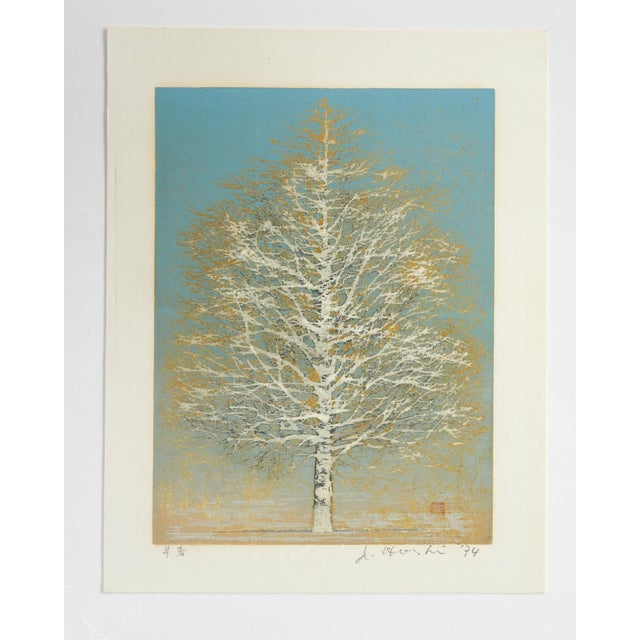 1970s 1974 Joshi Hoshi White Gold Tree Woodblock Print For Sale - Image 5 of 5