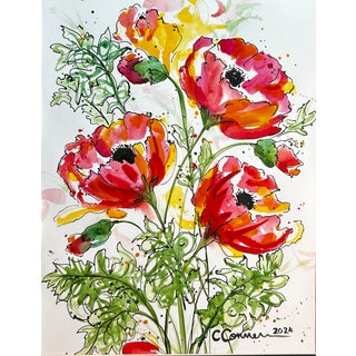 Giclee Fine Art Print Watercolor Painting “3 Red Poppies” For Sale