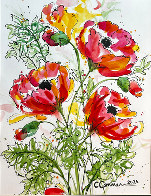 Giclee Fine Art Print Watercolor Painting “3 Red Poppies”