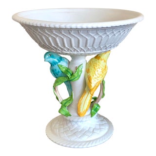 Vintage White Italian Pottery Birds Compote For Sale