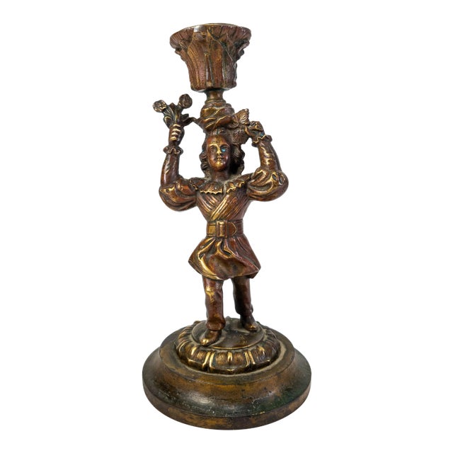 Antique Early 20th Century Bronze Colonial Figure Candle Stick For Sale