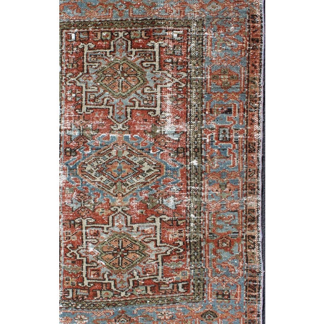 Distressed Antique Persian Karadjeh Rug With Geometric Medallions and Accents For Sale - Image 4 of 13
