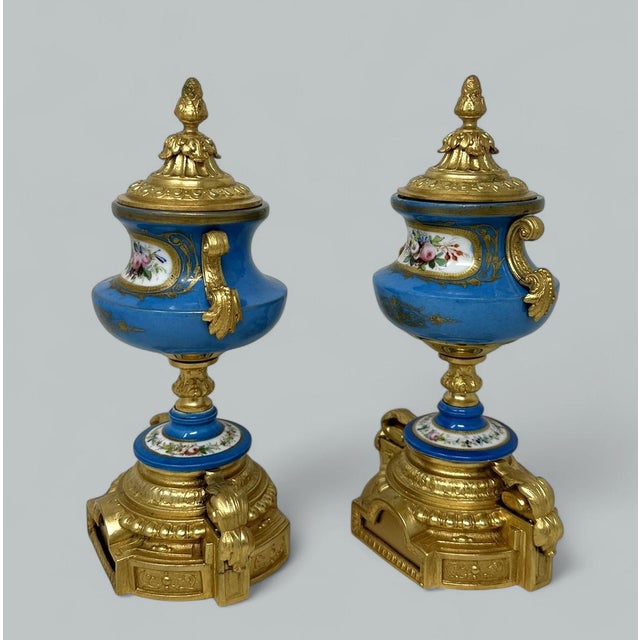 Manufacture de Sevres Antique Pair Celeste Blue French Sèvres Porcelain Ormolu Urns Vases Centerpiece For Sale - Image 4 of 7