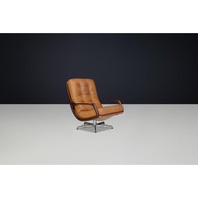 Set of Swivel Lounge Chair and Ottoman in Cognac Leather attributed to Eugen Schmidt, Germany, 1970s, Set of 2 For Sale - Image 6 of 16