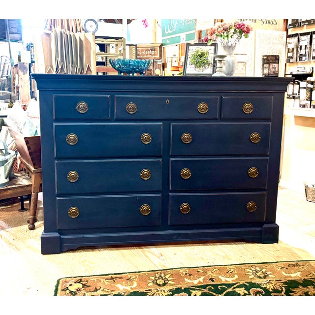 Wood Navy Blue Vintage Bassett Nine-Drawer Dresser & Storage Chest For Sale - Image 7 of 8