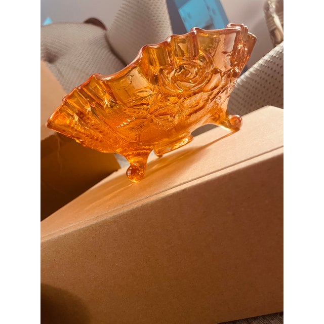 Art Deco Vintage (Marked) “Imperial” Orange/Rose Gold Iridescent Tri-Foot Serving Dish For Sale - Image 3 of 5
