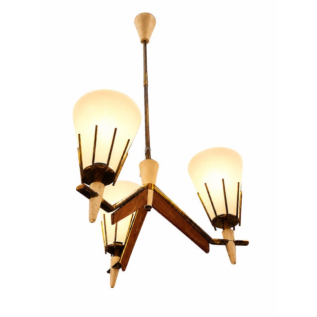 Mid-Century Scandinavian Chandelier in Wood, Brass and Opaline Glass, 1950s For Sale - Image 6 of 6
