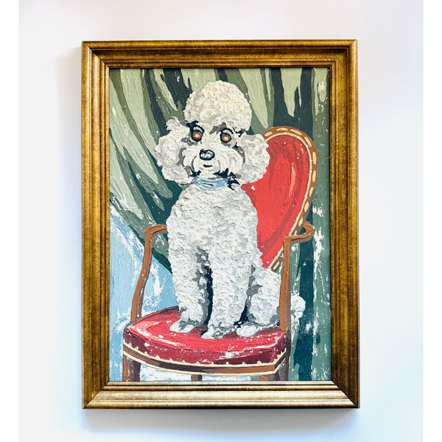 Folk Art Seated White Poodle on Red Chair Gouache Framed Oil on Paper For Sale - Image 3 of 8