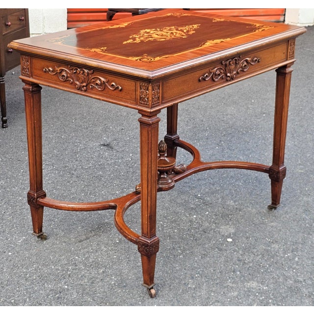 19th Century Louis XVI Style Kingwood & Walnut Marquetry Stretcher Center Table For Sale - Image 4 of 11