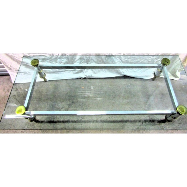 Maison Jansen 1960's Maison Jansen 78" Aluminum With Brass Accent Thick Beveled Glass Cocktail Table For Sale - Image 4 of 10