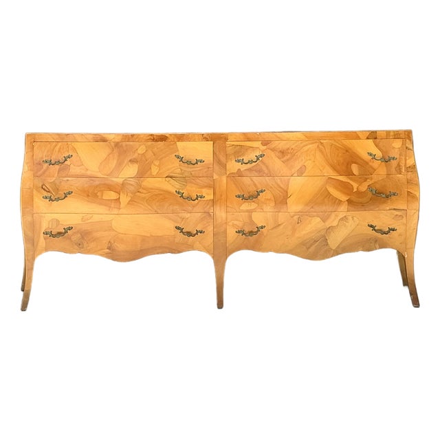 Vintage Italian Burl Olive Wood Long Dresser For Sale